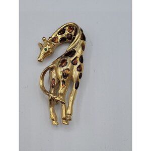 1980s Vintage Enamel Giraffe Pin Brooch Green Rhinestone Eye High Quality Estate
